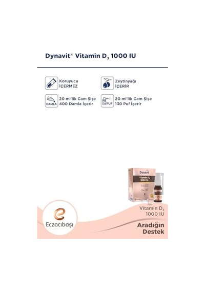 Dynavit Vitamin D3 1000 Iu 25mcg 20 Ml Sprey - Bağışıklık & Kas & Kemik - D3 Vitamini