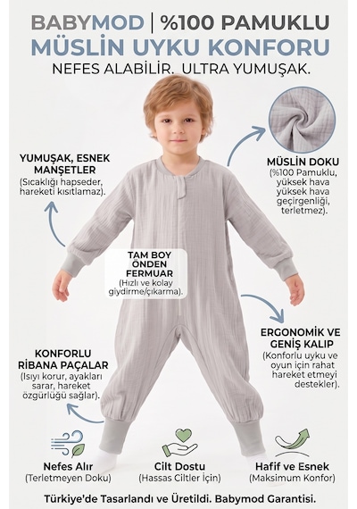 Baby Mod Müslin Uyku Tulumu 1.0 Tog Çocuk Yazlık Uyku Tulumu Uyku Gurusu %100pamuk Doğal Kumaş Gri