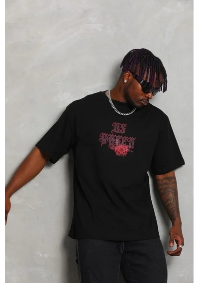 Vexor Erkek Baskılı Tişort Kısa Kol Bisiklet Yaka Ovarsize T-shirt - Siyah