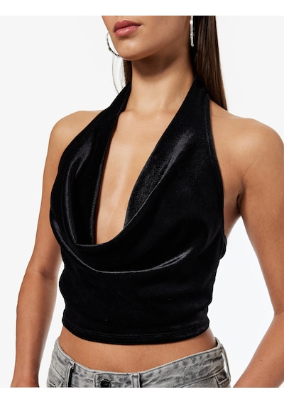 Koton Slim Fit Kadife Degaje Yaka Kolsuz Crop Bluz Siyah 7wal30002ık