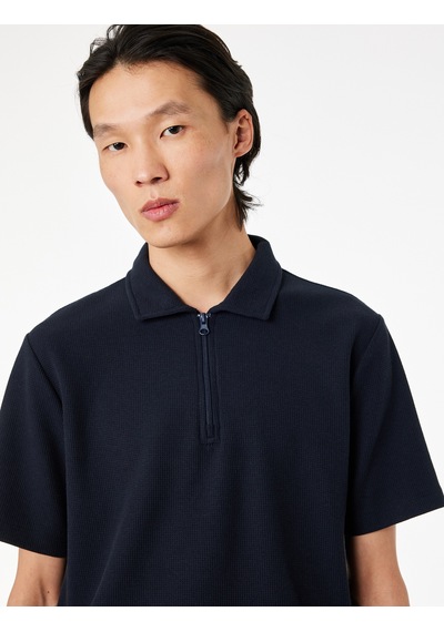 Koton Regular Fit Kısa Kollu Waffle Dokulu Yarım Fermuarlı Polo Yaka Tişört Lacivert 6sam10289mk