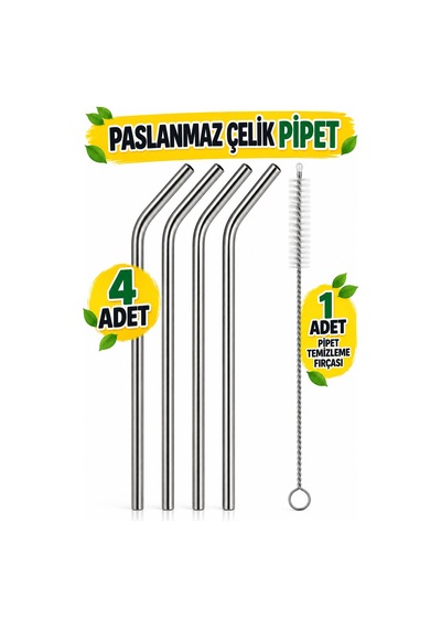 Paslanmaz Çelik Pipet Seti 5 Parça Metal Meşrubat Pipeti Ve Pipet Temizleme Fırçası Gri