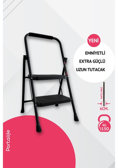 Portalife 2 Basamaklı Uzun Tutacaklı Şık Siyah Çelik Merdiven 100 Cm'ye Kadar
