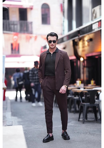 Modefendi Özel Seri %100 Gofre Kumaş İtalyan Kesim Pileli Modern Fit Takım Elbise Kahverengi Modefendi Özel Seri %100 Gofre Kumaş İtalyan Kesim Pileli Modern Fit Takım Elbise Kahverengi