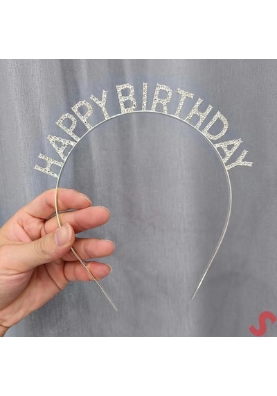 Gümüş Kristal Taşlı Happy Birthday Doğum Günü Tacı İthal Ürün A Kalite 17x16 Cm Açık Mavi