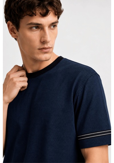 Alexandergardi Şerit Detaylı Kontrast Yaka Basic T-shirt Lacivert Melanj