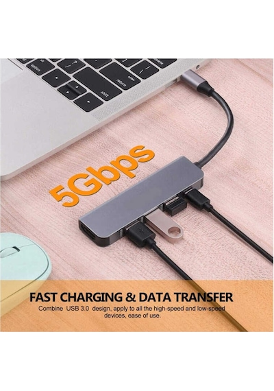 Type-c To Hdmı 4k 30hz Çevirici Kablo 1 Usb 3.0 + 2 Usb 2.0 Çoklayıcı Hub + Pd 87w Adaptör 5 İn 1