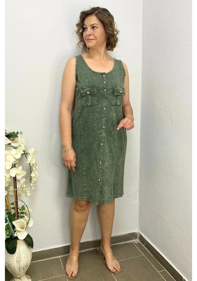 Mia Butik Kadın Yıkamalı Önden Düğmeli Elbise Haki