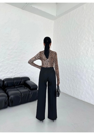 Defymoda 230 Gr Poly Viscose Lycra Metal Düğme Palazzo Pantolon Siyah