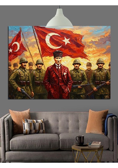 Bayrak Tutan Askerler Ve Atatürk Dekoratif Kanvas - Mdf Ahşap Tablo