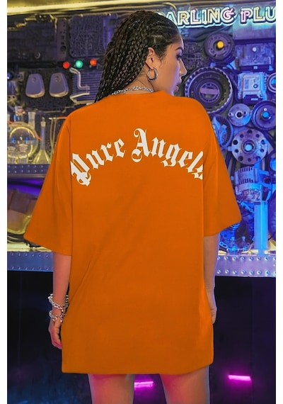 Oversize Pure Angels Baskılı T-shirt Turuncu