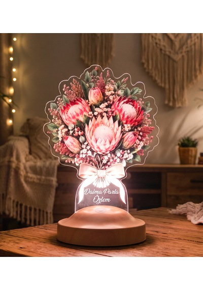 Pembe King Protea Çiçek Buketi Led Lamba, Doğum Günü Hediyesi, Şeker Çalısı Solmayan Çiçek Lambası