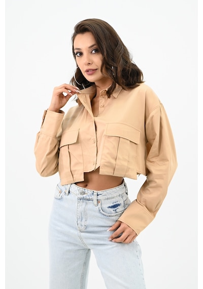 Koza Butik Kadın Crop Cep Detaylı Gömlek 1672-24 001