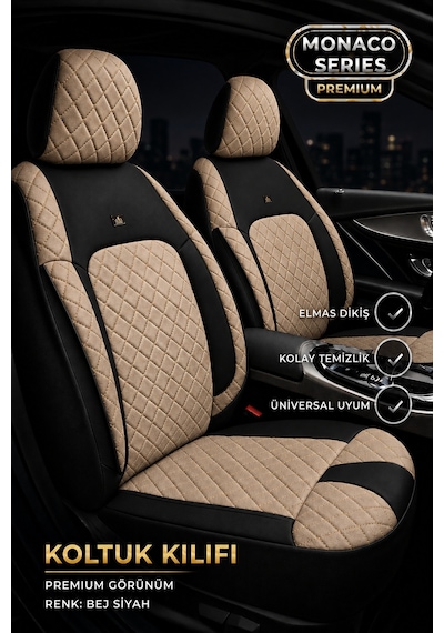 Audi Q7 2006-2015 Uyumlu Monaco Serisi Bej Siyah Oto Koltuk Kılıfı