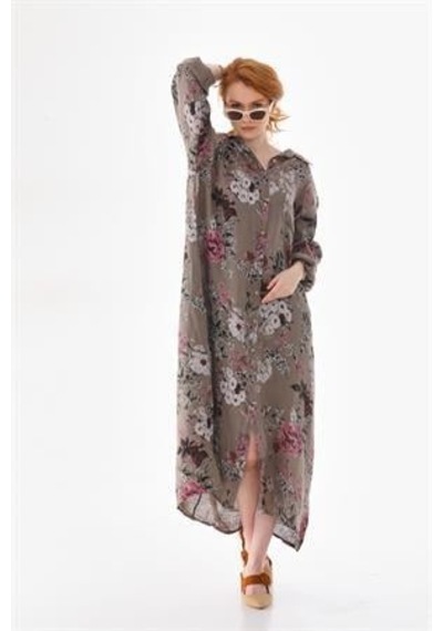 Bohem Stil İtalyan Gömlek Yaka Uzun Kol Dijital Baskılı Keten Elbise Camel