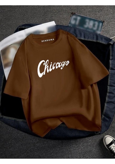 Oversıze Chicago Baskılı Unısex Tisort Baskılı Kahverengi