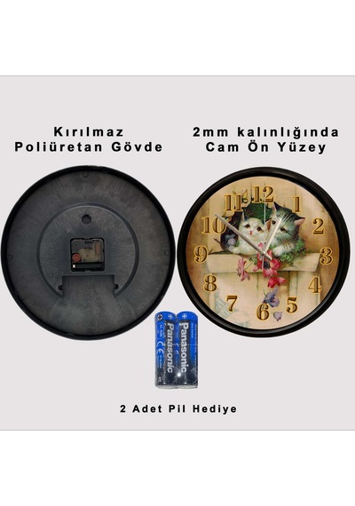 Sevimli Yavru Kediler Tasarımlı Dekoratif Duvar Saati 28 Cm Sessiz Mekanizma Çok Renkli 85137606