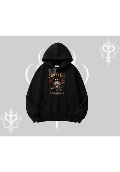 Startmore Street Cat Kedi Baskılı Kapşonlu Sweatshirt Siyah