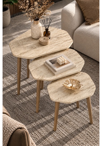 Sulorahome 3'lü Geometrik Zigon Sehpa Seti Sehpa Beyaz Mermer Desen Ayaklar Beyaz