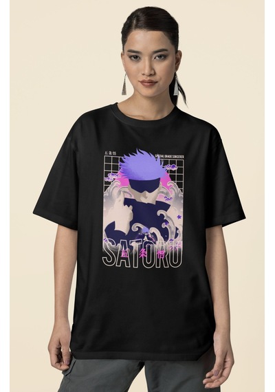 Gojo Satoru Baskılı Unisex Oversize Jujutsu Kaisen Anime Dizi Kar Siyah