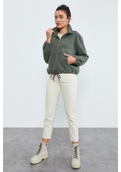 Tommy Life Çağla Yarım Fermuar Etek Ucu Büzgülü Kadın Polar Oversize Sweatshirt - 97171 Çağla