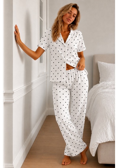 Kadın Loose Kalıp Pamuklu Kar Beyaz Pijama Takımı