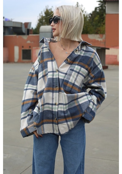 Madmext Lacivert Oversize Kadın Oduncu Gömlek Mg1589