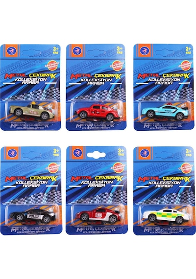 6'lı Metal Çek Bırak Oyuncak Araba Seti - Dayanıklı Diecast Gövde - Polis Taksi Araçları 8 Cm
