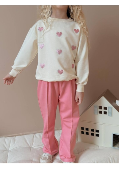 Miniko Kids Kız Çocuk Kalp Modelli Geniş Paça Pamuk Takım Pembe