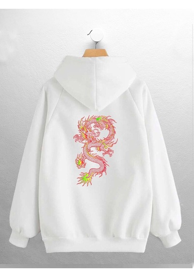 Macklin Unisex Kadın Erkek Kırmızı Ejder Baskılı Sweatshirt Beyaz Mck0669 Beyaz