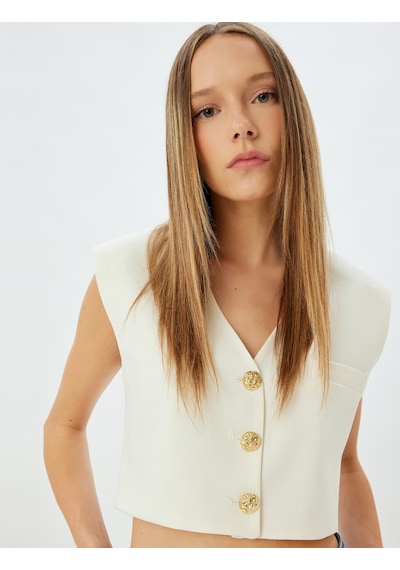 Koton Koton X Zeynep Bastık - Crop Blazer Yelek V Yaka Gold Düğmeli Ekru 5wak20016pw Ekru