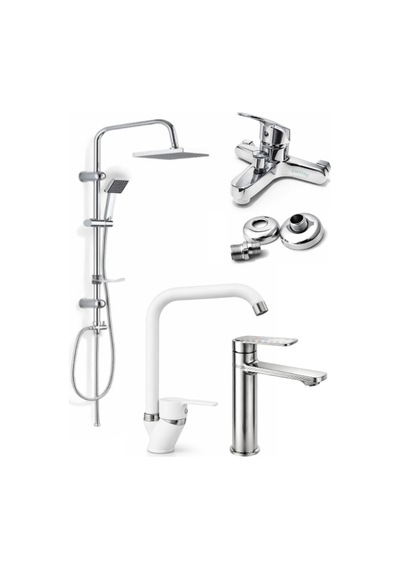 4'lü Beyaz Krom Full Set Banyo Bataryası Lavabo Ve Mutfak Bataryası Robot Duş Seti Diğer