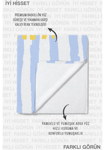 Çizgili Yazı Temalı Mavi Beyaz Plaj Havlusu-akdeniz Stil Sarı Detaylı Hızlı Kuruyan Mikrofiber Havlu Çok Renkli