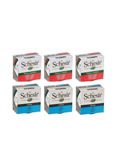 Schesir 2 Çeşit Sığır ve Ton Balıklı Karma Köpek Konservesi 6 x 150 G