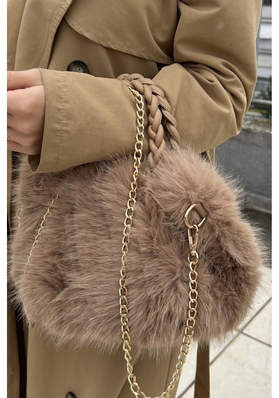 Mollycrush Kadın Camel Kürk Detaylı Zincirli Ve Örgü Saplı El Ve Omuz Çantası Yumuşak Peluş Kışlık Şık Baget Camel