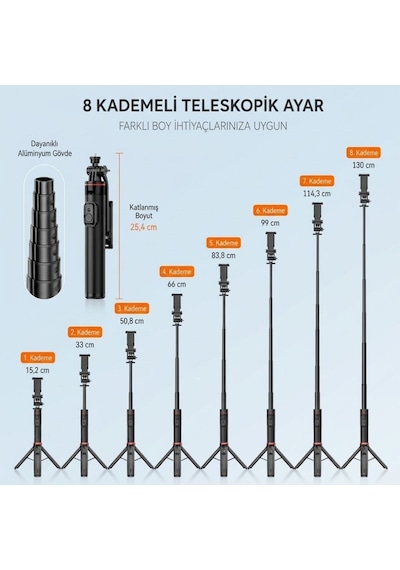 Lunaev 130 Cm Teleskopik Selfie Çubuğu Tripod Ve Kumanda