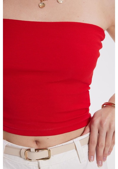 Tudors Kadın Slim Fit Dar Kesim Pamuklu Straplez Kırmızı Bluz-38843 Kırmızı
