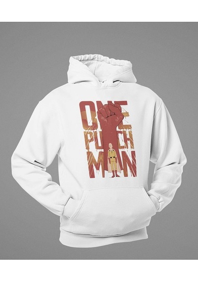 Sevbano Saitama Anime Karakter Baskılı Unisex Hoodie, Oversize One Punch Beyaz
