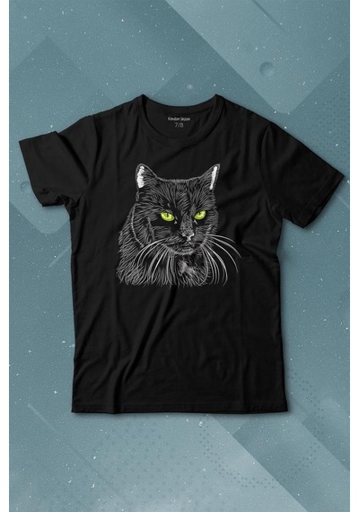 Kendim Seçtim Siyah Kedi Yeşil Gözlü Black Cat Çizim Baskılı Tişört Çocuk T-shirt 001