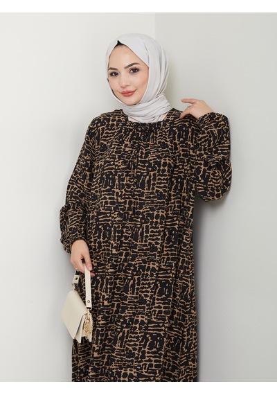 Nevayla Moda Önü Büzgülü Viskon Elbise - Siyah/taba / E0130 Siyah/taba