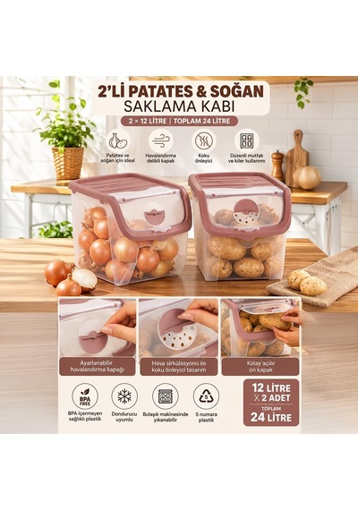 1507 2'li Patates Soğan Saklama Kabı Seti 12 Lt Pudra - Ayarlanabilir Havalandırmalı Mutfak & Kiler Düzenleyici Diğer