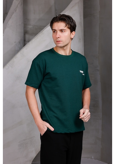 Erkek Baskılı Oversize Bisiklet Yaka 2 İki İplik Kompakt T-shirt Nefti