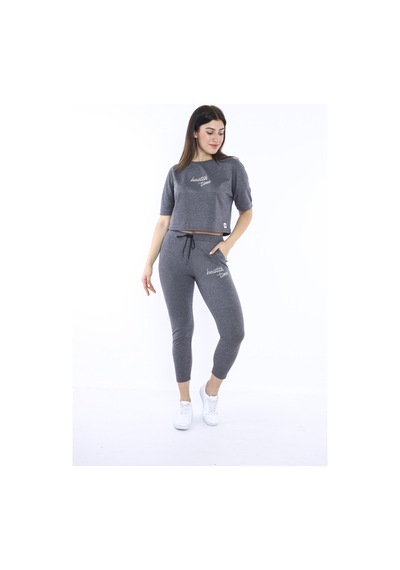Kadın-Alt-Üst T-Shirt Takım, Rahat Kesim-3823 Koyu Gri