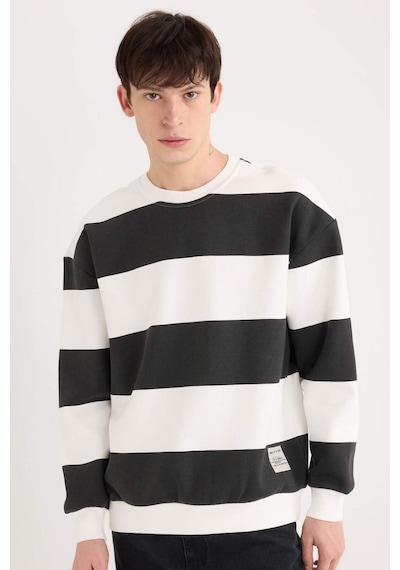 DeFacto 	Boxy Fit Bisiklet Yaka Çizgili Dokuma Etiketli Sweatshirt A9066AX24AUBK81