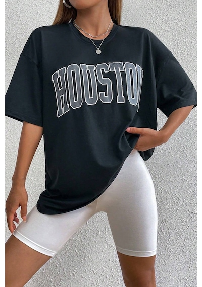 Unisex Houston Baskılı Tasarım Tshirt Siyah