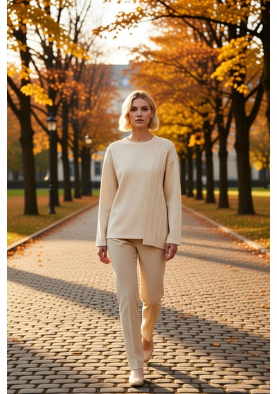 Benerly Kadın Bisiklet Yaka Düşük Kol Relaxed Triko Detaylı Sweatshirt Fo Taş