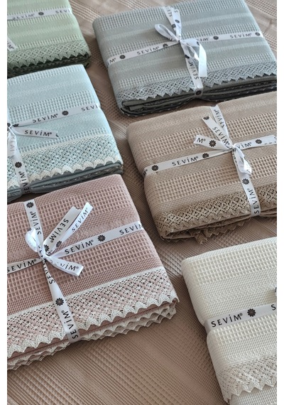 %100 Pamuk Çift Kişilik Kopanaki Dantelli Waffle Pike-210x230 Cm-kapuçino Petek Pike Cappuccıno Cappuccino