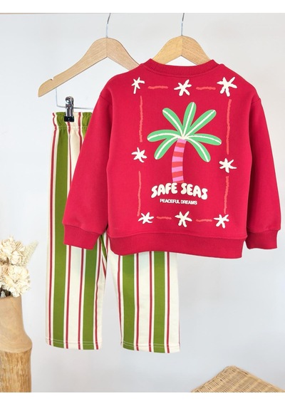 Elzo Collection Unisex Palmiye Baskılı Kırmızı Sweatshirt Çizgili Alt Eşofman 3 İplik Kumaş Alt Üst Takım Çok Renkli Elzo Collection Unisex Palmiye Baskılı Kırmızı Sweatshirt Çizgili Alt Eşofman 3 İplik Kumaş Alt Üst Takım Çok Renkli