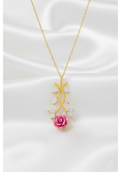 Çekirdekjewelry 925 Ayar Gümüş Pembe Güllü Kolye Sarı
