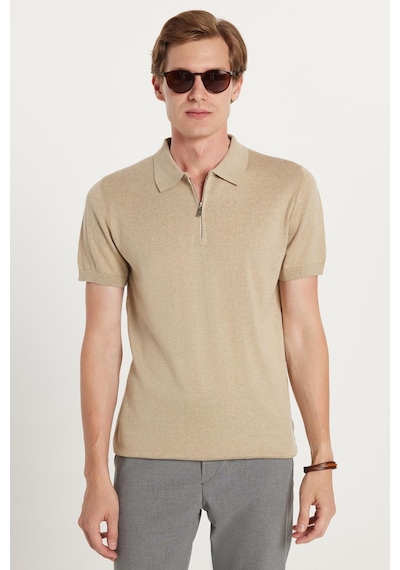 Tudors Erkek Slim Fit Dar Kesim Pamuklu Örme Triko Fermuarlı Vizon Polo Yaka Tişört-35602 Vizon